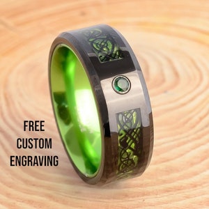 Black Tungsten Ring: Green Celtic Dragon Inlay, 8mm Wedding Band