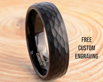 6mm Black Hammered Tungsten Carbide Ring: Comfort Fit Wedding Band