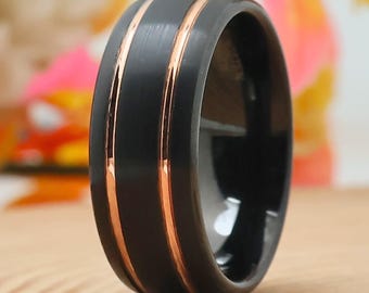 8mm Tungsten Men's Ring,With Gold Line Dome Wedding Band, Comfort Fit Ring