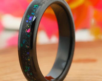 4mmTungsten Opal Ring, Unisex Wedding Band, Black Multi Color Opal, Comfort Fit
