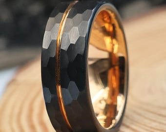 Black Hammered Tungsten Ring, Rose Gold Grooved Band, Comfort Fit