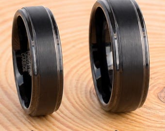 Personalized Black Tungsten Wedding Rings, Matte Finish Bands (8mm & 6mm)