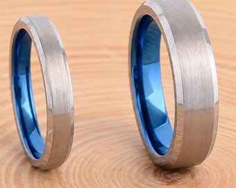 Brushed Silver Tungsten Ring with Blue Interior, Comfort Fit Wedding Band, 4mm,6mm