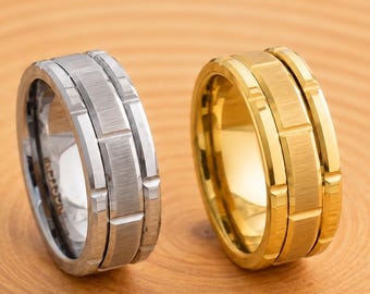 Men's Tungsten Wedding Band, Gold Mechanical Seal Inlay, 8mm Comfort Fit Ring