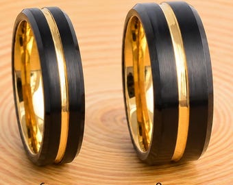 Black Tungsten Wedding Band: Yellow Gold Plated, Brushed Center,6mm,8mm