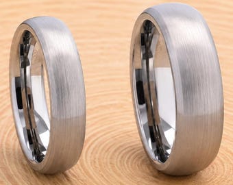 Silver Tungsten Wedding Band, 8mm, 6mm, Domed Ring, Brush Finish, Modern Style