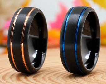 8mm Black Tungsten Ring, Gold and Blue Line Dome Wedding Band, Comfort Fit