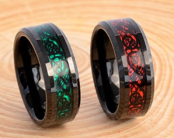 Black Tungsten Ring: Green and Red Celtic Dragon Inlay, 8mm Wedding Band