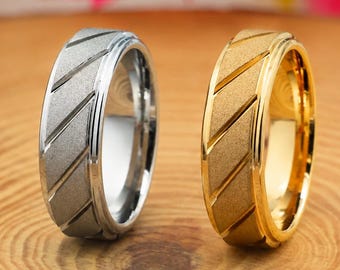 7mm Mechanical Sandblasted Tungsten Ring, Silver Gold Plated Wedding Band