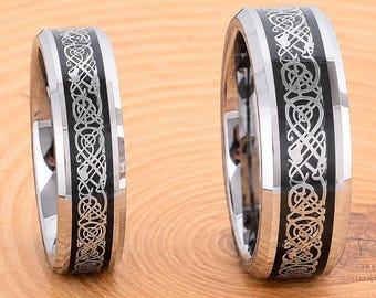 Tungsten Carbide Celtic Dragon Ring, Silver Brushed Band (6mm/8mm)