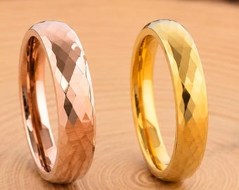 4mm Faceted Tungsten Wedding Band, Gold Rose Gold Plated Ring