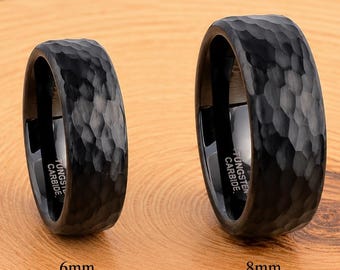 Black Hammered Tungsten Carbide Wedding Ring, 6mm 8mm Widths, Couple Band