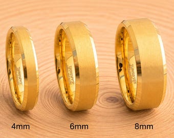 Brushed Gold Plated Tungsten Wedding Band, 4mm-8mm, Minimalist Couple Rings