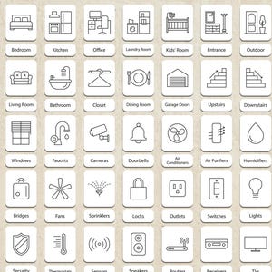 May include: A set of white square icons with black line drawings depicting rooms, appliances, and smart home technology. Each icon has a text label underneath. The bottom of the image shows the text "SVG/PNG/DXF/EPS/AI/PDF/PSD".