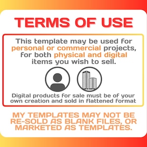 May include: A white rectangular sign with a red and orange gradient border featuring the text TERMS OF USE, followed by usage guidelines for personal or commercial projects, including two circular icons of a person and buildings.