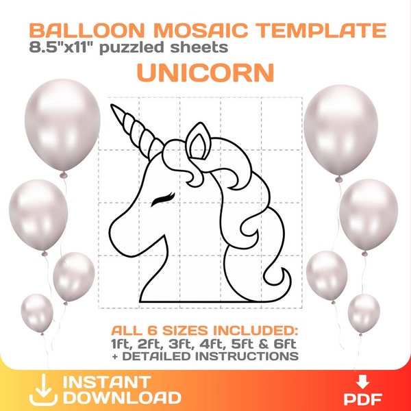 Unicorn Mosaic from Balloons Template, unicorn theme birthday, DIY, tall stencils, cut and trace, printable, PDF, instant download