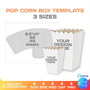 Popcorn Box Template: DIY Printable, 3 Sizes (SVG, PNG, Cricut, Canva, Instant Download)