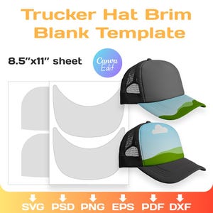 May include: A template for trucker hat brims. The image shows two trucker hats with a black mesh back, grey front, and a brim with a landscape design. The text reads "Trucker Hat Brim Blank Template" and "8.5"x11" sheet".