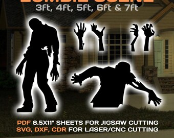 Puede incluir: Recortes de siluetas negras de zombis y manos de zombis. El texto dice "ZOMBIE SCENE" con tamaños de 0,9 m a 2,1 m. Incluye texto: "PDF 8.5x11" hojas para corte con sierra de calar, SVG, DXF, CDR para corte láser/CNC" y "DESCARGA INSTANTÁNEA".