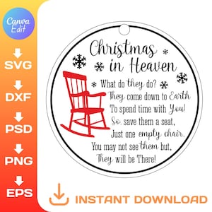 May include: A round Christmas ornament with a black border and the text "Christmas in Heaven." A red rocking chair graphic is centered on the ornament. The text includes a poem about remembering loved ones. The ornament has a small hole for hanging.