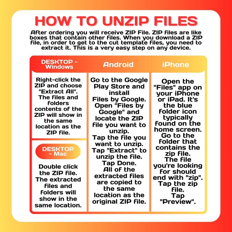 May include: A guide titled "HOW TO UNZIP FILES" with instructions for Windows, Android, and iPhone. The guide explains how to extract files from a ZIP file on different devices, with step-by-step instructions.