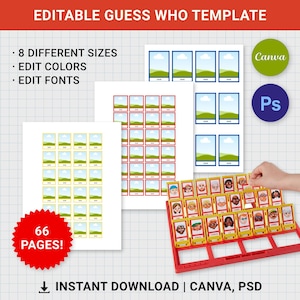 Può includere: Un modello modificabile di "Indovina Chi" con varie dimensioni, colori e caratteri. L'immagine mostra modelli stampati, un tabellone di gioco e il testo "66 PAGES!" e "INSTANT DOWNLOAD | CANVA, PSD". Sono visibili anche i loghi Canva e Ps.