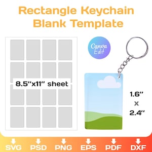 May include: A clear rectangular keychain template with a blue sky and green landscape design. The keychain measures 1.6" x 2.4". The image also shows a sheet of blank keychains and the text "Rectangle Keychain Blank Template".