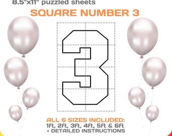 Square number 3, Mosaic from balloons, DIY, Marquee, giant three number template, party mosaic numbers, printable, PDF, instant download