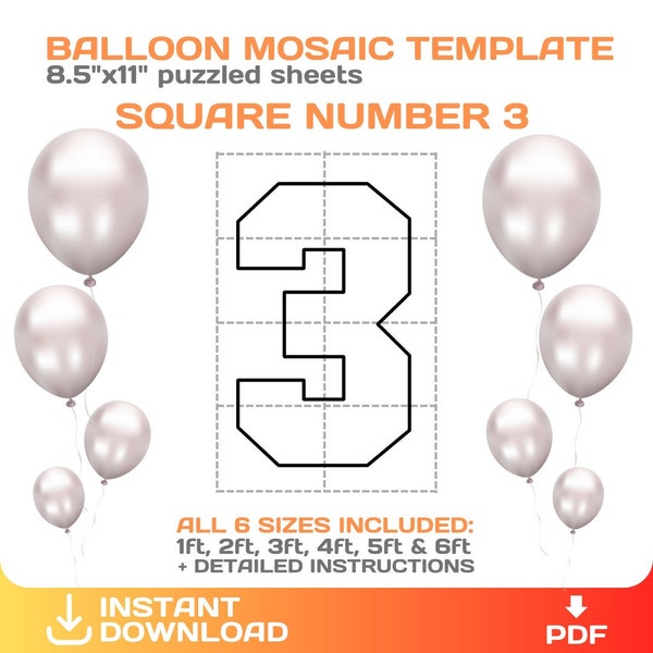 Square number 3, Mosaic from balloons, DIY, Marquee, giant three number template, party mosaic numbers, printable, PDF, instant download