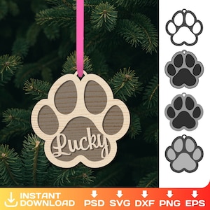 personalized pet paw christmas ornament svg, memory hanging dog, Laser Cut File, Glowforge, Cricut, instant download