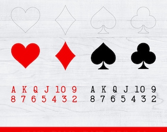 May include: Black and white outlines of the four suits of playing cards: hearts, diamonds, spades, and clubs. Below the outlines are solid red and black versions of the suits. The text "AKQJ10 9 8 7 6 5 4 3 2" appears twice, once below each row of suits. The text "SVG/PNG/DXF/EPS/AI" appears at the bottom of the image.