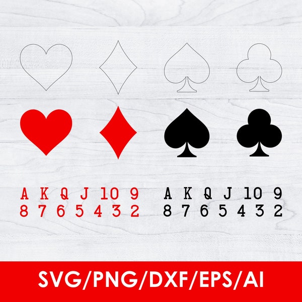 Playing Cards Suits SVG, Solid Colors & Transparent Outlines, Spades | Diamonds | Clubs | Hearts, Silhouette, Cricut, Instant Download