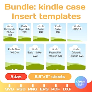 Könnte beinhalten: Grafik mit Kindle-Hüllen-Einsatzvorlagen. Das Bild zeigt neun verschiedene Kindle-Modelle, darunter Paperwhite, Scribe und Oasis 3. Der Text weist auf 9 Größen und 21,59 cm x 27,94 cm große Blätter hin. Dateiformate: SVG, PSD, PNG, EPS, PDF und DXF.