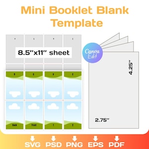Può includere: Un modello vuoto di mini-opuscolo con sfondo bianco. Il modello include un layout di foglio di 21,59 cm x 27,94 cm e un opuscolo con dimensioni di 10,8 cm x 6,99 cm. Il design include il testo "Mini Booklet Blank Template" e "Canva Edit".
