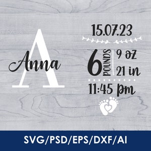 Geboortestatistieken olifantenoren svg, DIY, cadeau voor pasgeborene, jongen en meisje, sjabloon voor knuffel, gepersonaliseerd, Cricut, silhouet, direct downloaden