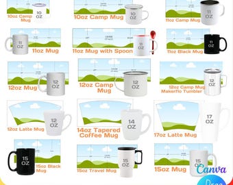 BUNDLE, mug blank templates, for sublimation, 15oz, 12oz, standart mug, camp mug, travel mug, latte coffee mug, full wrap, Instant Download