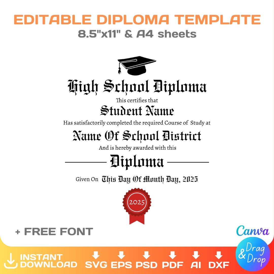 Editable High School Diploma Template SVG, PNG, Canva: Replica Gift ...
