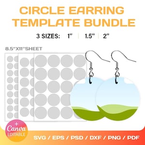 Modello per orecchini circolari, bundle, fai da te, personalizzato, modificabile, sublimazione, orecchini rotondi svg, modello vuoto, Cricut, pdf, Canva, trascina e rilascia