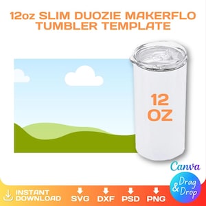 12oz slanke Duozie MakerFlo beker leeg sjabloon voor sublimatie, volledige verpakking, png, canva, svg, Cricut, Photoshop, direct downloaden