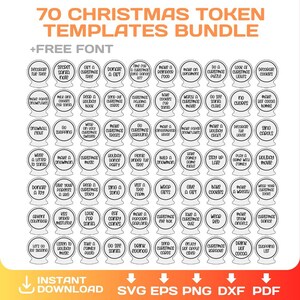 Op de afbeelding: Een digitale bundel van 70 kersttoken sjablonen. Elke token is een cirkel met een feestelijke activiteit zoals "De boom versieren" of "Eierpunch drinken". Inclusief een gratis lettertype en bestandsformaten SVG, EPS, PNG, DXF en PDF.