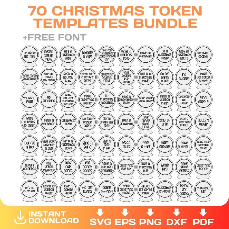 Op de afbeelding: Een digitale bundel van 70 kersttoken sjablonen. Elke token is een cirkel met een feestelijke activiteit zoals "De boom versieren" of "Eierpunch drinken". Inclusief een gratis lettertype en bestandsformaten SVG, EPS, PNG, DXF en PDF.