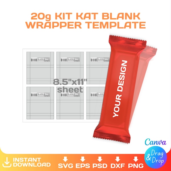 mini Kit Kat wrapper blanko Vorlage, DIY, personalisierbar, kleines Schokoladen Mitbringsel, bearbeitbar, svg, Cricut, png, Canva, 20g, Instant Download