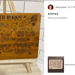 May include: A wooden Easter Bunny tray with engraved text and illustrations. The tray includes a circle for a drink, a carrot, an Easter egg, and the words "Dear Easter Bunny" and "Love."