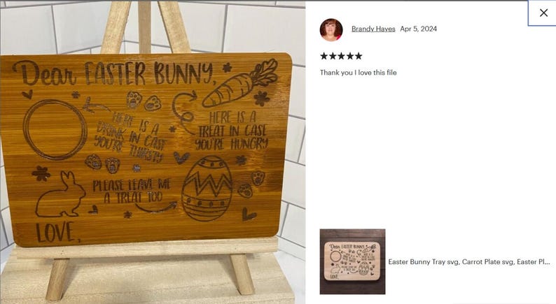 May include: A wooden Easter Bunny tray with engraved text and illustrations. The tray includes a circle for a drink, a carrot, an Easter egg, and the words "Dear Easter Bunny" and "Love."