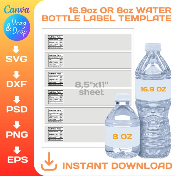 water bottle labels template, BUNDLE, 16.9 oz, 8oz, editable, 500ml bottle blank template, svg, png, dxf, Cricut, Canva, Instant Download