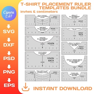 Puede incluir: Un conjunto de plantillas de reglas de colocación de camisetas grises con texto en pulgadas y centímetros. Incluye reglas para tallas de adulto, joven, bebé y niño pequeño, con opciones de bolsillo, espalda y cuello en V. La imagen también incluye iconos de tipo de archivo y la frase "Descarga instantánea".
