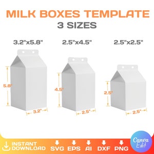 3 tamaños, plantilla de caja de leche, plantilla en blanco de cartón de leche, editable, bricolaje, caja de regalo de leche svg, png, Cricut, Canva, descarga instantánea