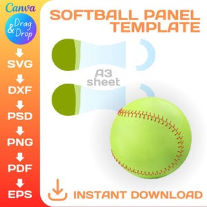 May include: A digital template for creating a softball panel. The template is designed to fit on an A3 sheet of paper. The image shows two green and white softball panel shapes and a yellow softball with red stitching.