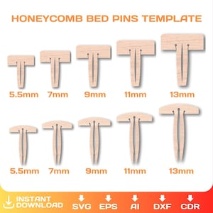 May include: A template for honeycomb bed pins in five different sizes: 5.5mm, 7mm, 9mm, 11mm, and 13mm. The template is shown in a light wood color.