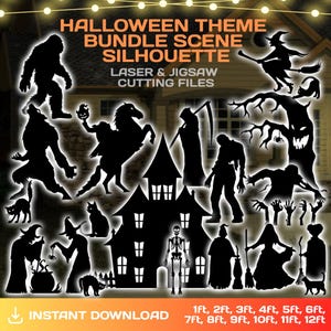 May include: Black Halloween-themed silhouette bundle with various spooky figures, including a haunted house, witches, a grim reaper, and a werewolf. The text reads "HALLOWEEN THEME BUNDLE SCENE SILHOUETTE" and "LASER & JIGSAW CUTTING FILES". Includes sizes from 1ft to 12ft.